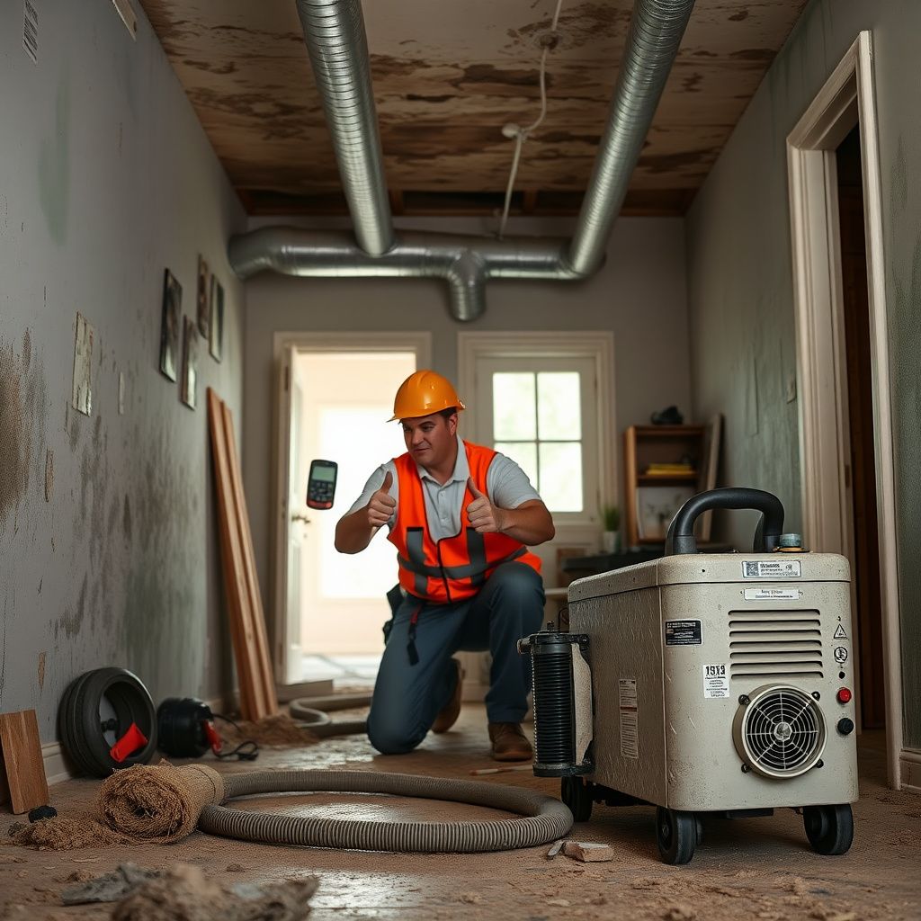 A mold remediation specialist from Storm Pro Mold Removal conducting a detailed moisture inspection with a thermal camera inside an Angleton home.