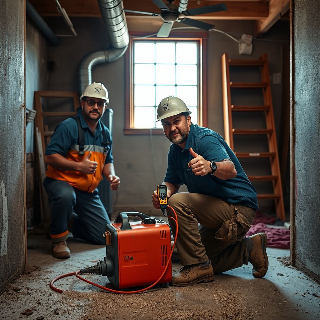 A certified mold remediation technician inspecting a wall with a moisture meter in a Wharton home, wearing appropriate PPE.