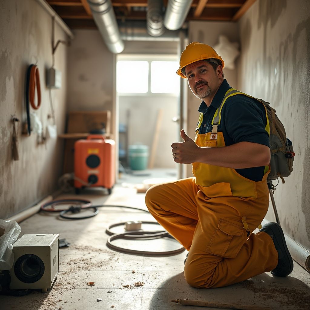 A certified mold remediation technician explaining the process to a Clute homeowner in a clean, post-remediation living room.