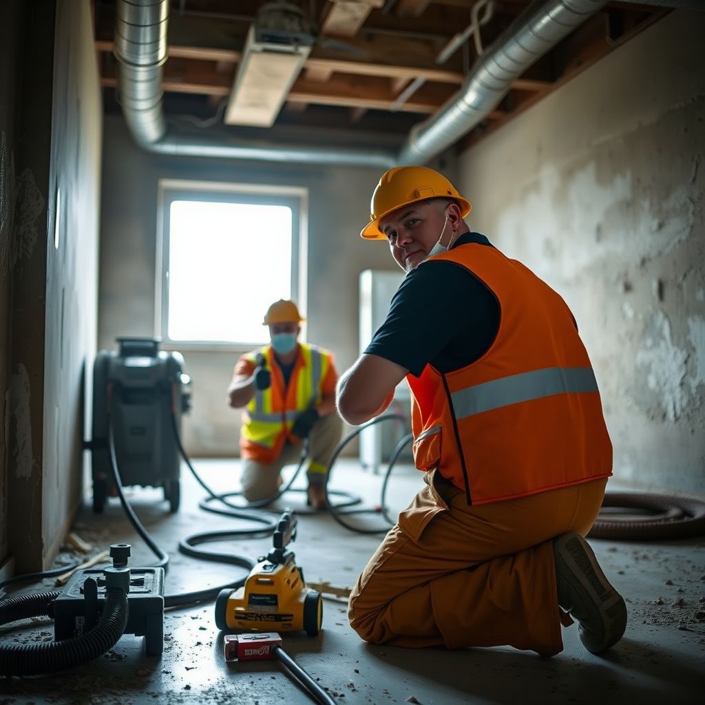 A certified mold remediation technician from Storm Pro Mold Removal setting up an air scrubber inside a Bay City, Texas home, ensuring air quality during the remediation process.