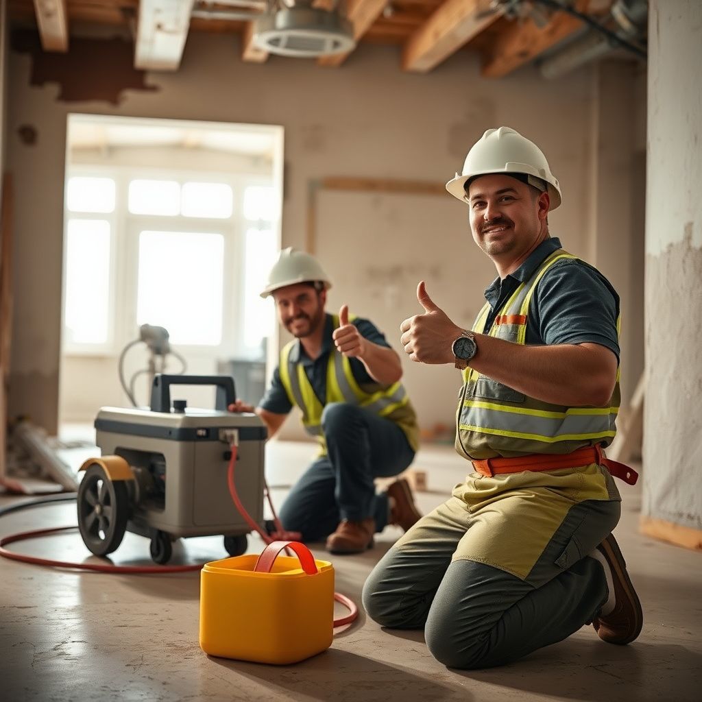A certified mold remediation technician from Storm Pro Mold Removal explaining the process to a homeowner in a clean, restored living room in Brazoria.